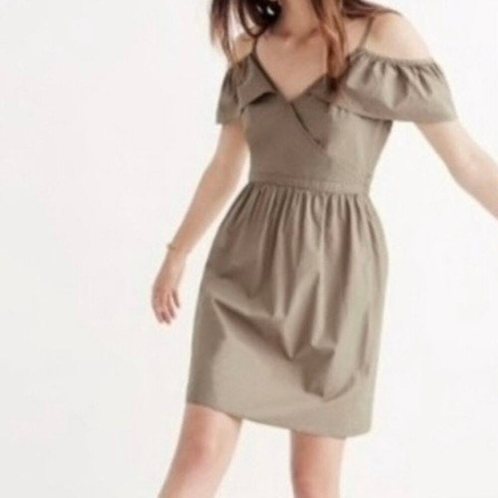 MADEWELL Tan Dress Size 4 Surplice Bodice Ruffled Off Shoulder Sleeves